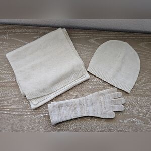 Cream Gold Knit Scarf, Hat, and Gloves Set